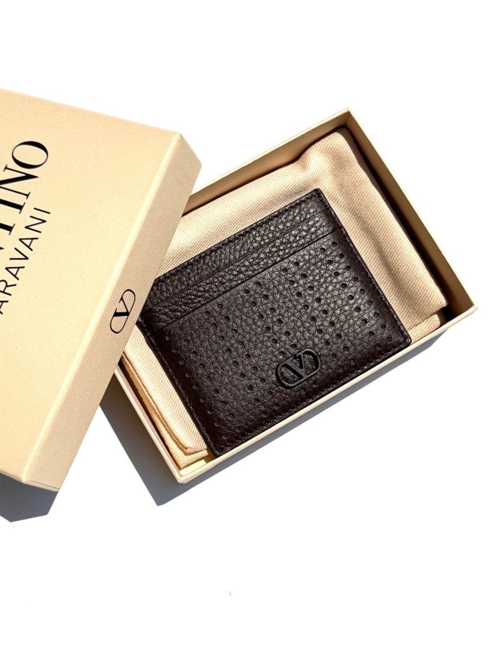 Valentino Garavani VLogo Dark Brown Perforated Leather Card Case New